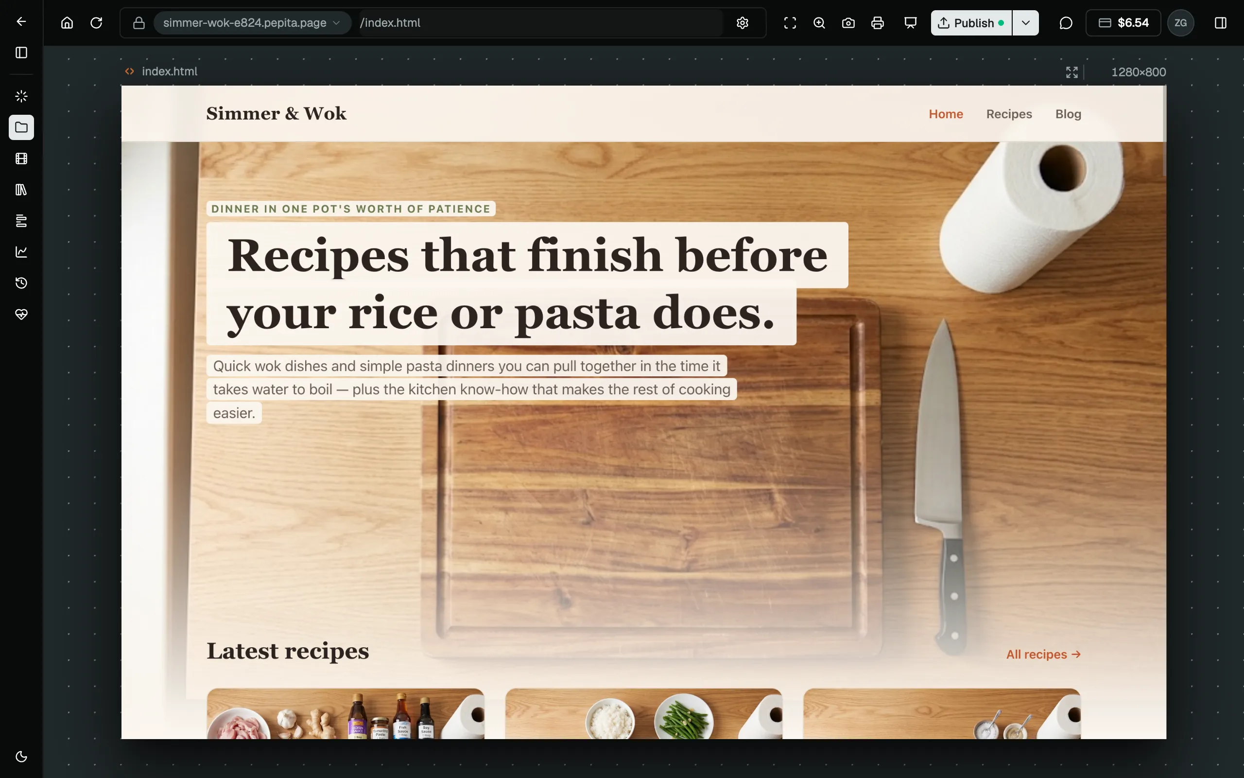 The pepita app editing this site: the file tree on the left, the developers page live on the canvas, the inspector's CSS rules on the right, and the HTML underneath.